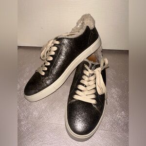Frye Silver Glitter Ivy Shearling lined Low Lace Sneaker 7.5 fall winter